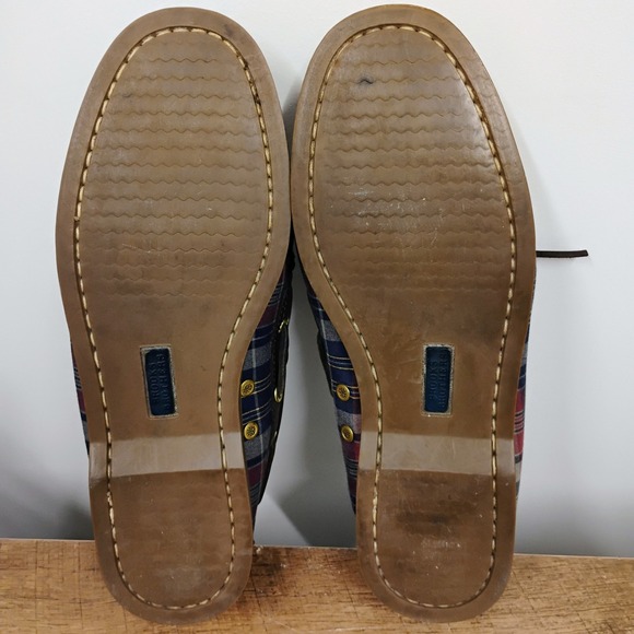 Brooks Brothers Mens Size 8 D Boat Shoes Blue Red Plaid Brown Leather‎ Loafers - Picture 6 of 12